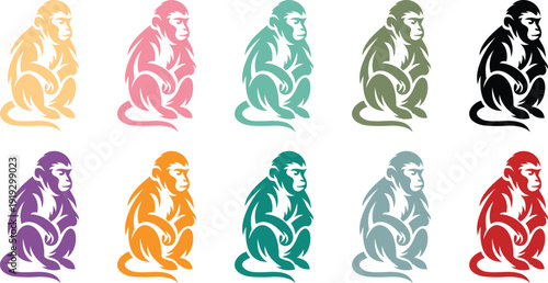 Colorful Primate Array: A collection of various color illustrations of a monkey, evoking a sense of vibrant variety and playful aesthetic.