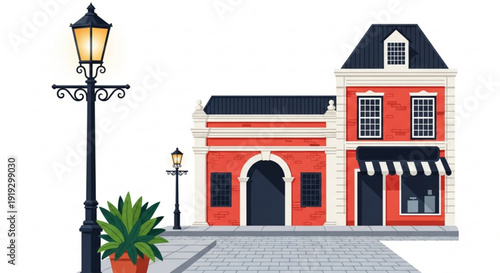 Vibrant red building with black roof and white trim on a gray cobblestone street with lampposts and plants