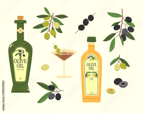 Vector hand drawn set of bottle of virgin olive oil, green and black olives, olive leaves and branches. Healthy cooking ingredients. Flat isolated objects in pastel retro style