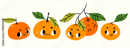 Funky vector set of oranges and mandarins with a leaves on a brunch. Vitamin C fruits isolated. Hand drawn citrus set