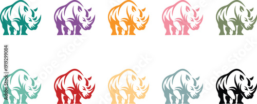 Vibrant Rhinoceros Collection: A visually striking pattern of ten colorful rhinoceros illustrations against a clean backdrop, capturing the diversity and beauty of this iconic species.