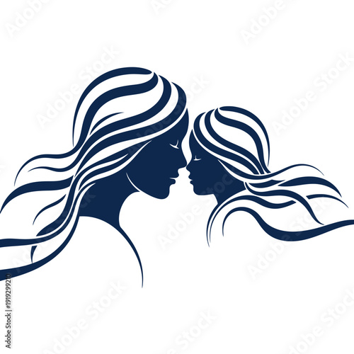 Two Woman Silhouettes with Flowing Hair Facing Each Other.