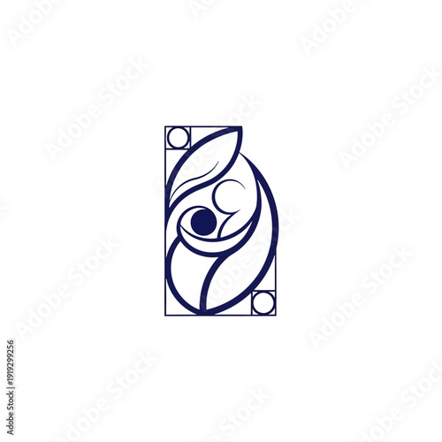 Abstract geometric line art of a dancing human figure enclosed in a rectangle, in blue tones.