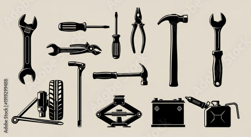Collection of various car repair tools and equipment.