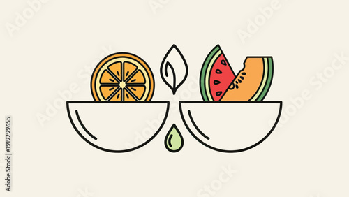 An illustrated composition of halved citrus fruits, melon, leaf, and drop