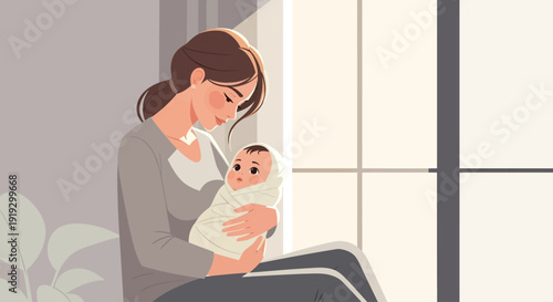 Mother holding newborn baby in her arms by the window.