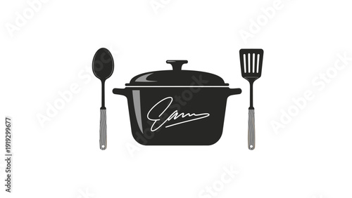 A graphic featuring cooking tools pot, spoon, and spatula
