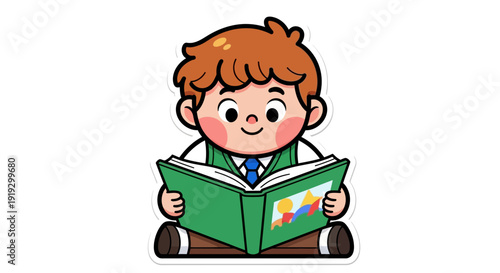 Cartoon Boy Reading Green Book Illustration.