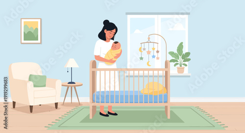 Mother holding baby in a serene nursery with crib and soothing decor.