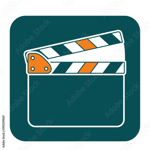Vectorized icon of a film clapperboard with orange accents on a teal rounded rectangle background