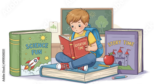 Young boy reading a red book 1.