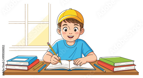 Young Boy Reading and Writing at Desk.