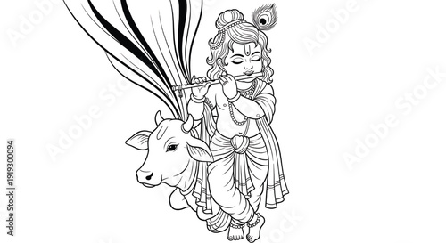 Krishna playing flute with cow black and white outline illustration with traditional Indian attire and accessories featuring hindu, mythology, god with divine and music elements for spiritual, serene