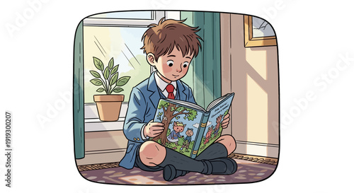 Young Boy Reading Book Sitting on Floor.