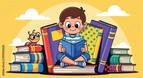 Young Boy Reading Book Surrounded by Books.