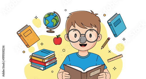 Young Boy Reading Book with Educational Objects.