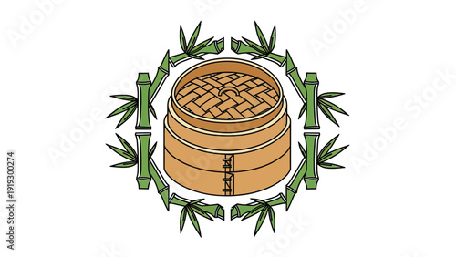 A cartoon bamboo steamer surrounded by bamboo stalks and leaves on a white background