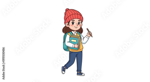 Young Girl Walking with Backpack and Stylus.