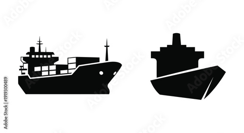 Two cargo ships depicted in a stark black silhouette