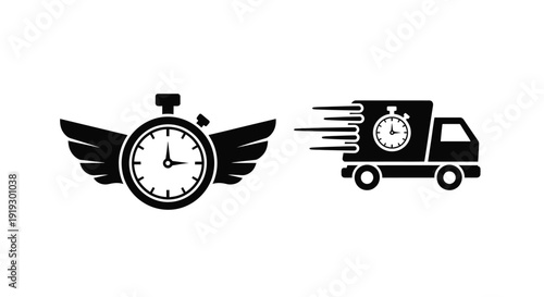 Fast delivery service icons featuring a clock and truck silhouette