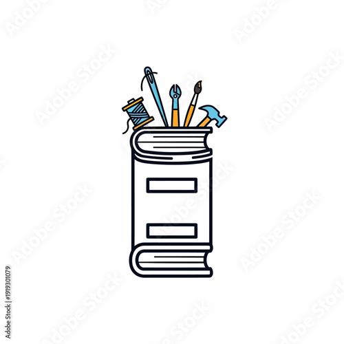A book houses tools like needle, pliers, hammer, brush, and thread, with outline and color