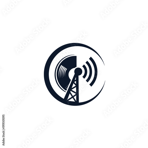 Dark logo depicts a radio tower with signal waves and a vinyl record within a circle