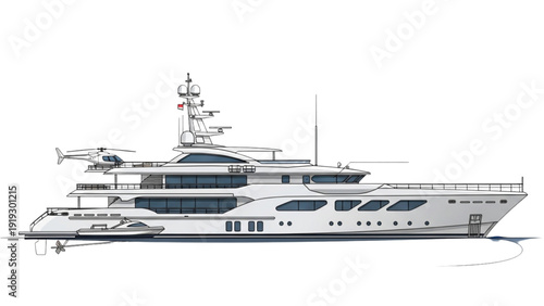 Detailed vehicle autocad blueprint of a luxury yacht at sea from a side viewpoint showcasing its elaborate design and multiple levels