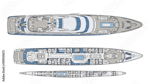 Detailed vehicle autocad blueprint of a luxury yacht's deck plans and interior layouts from a top-down viewpoint