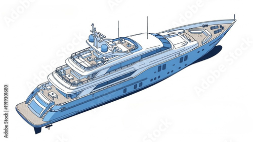 Luxury yacht vehicle autocad blueprint top view illustration showcasing detailed architecture and opulence on the deck of a large vessel