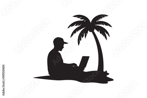 Digital Nomad Silhouette Working on Laptop Under Palm Tree - Remote Work Silhouette on Tropical Island with Laptop Computer