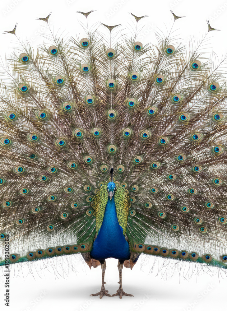 Obraz premium Peacock With Fully Fanned Tail Displaying Bright Blue and Green Feathers
