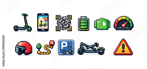 Transport and mobility pixel art icon set. Electric scooter, navigation, parking icons.