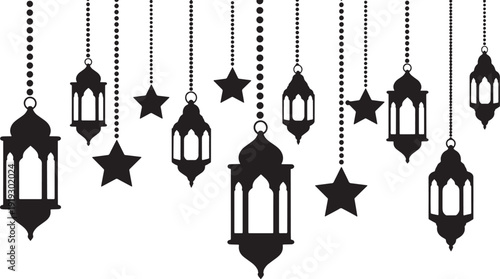 Hanging Ramadan Lanterns and Stars Border Silhouette on White Background