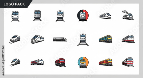 Collection of diverse train icons and illustrations for transportation themes.