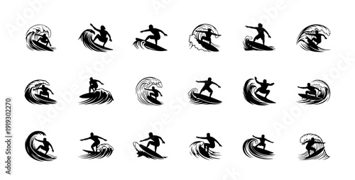 Large collection of surfing silhouettes on waves, surfers riding ocean swells, extreme water sports vector icons set.