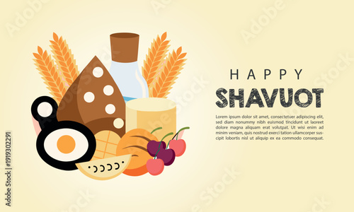 A vibrant vector illustration celebrating the jewish holiday of shavuot, featuring traditional dairy foods and harvest symbols