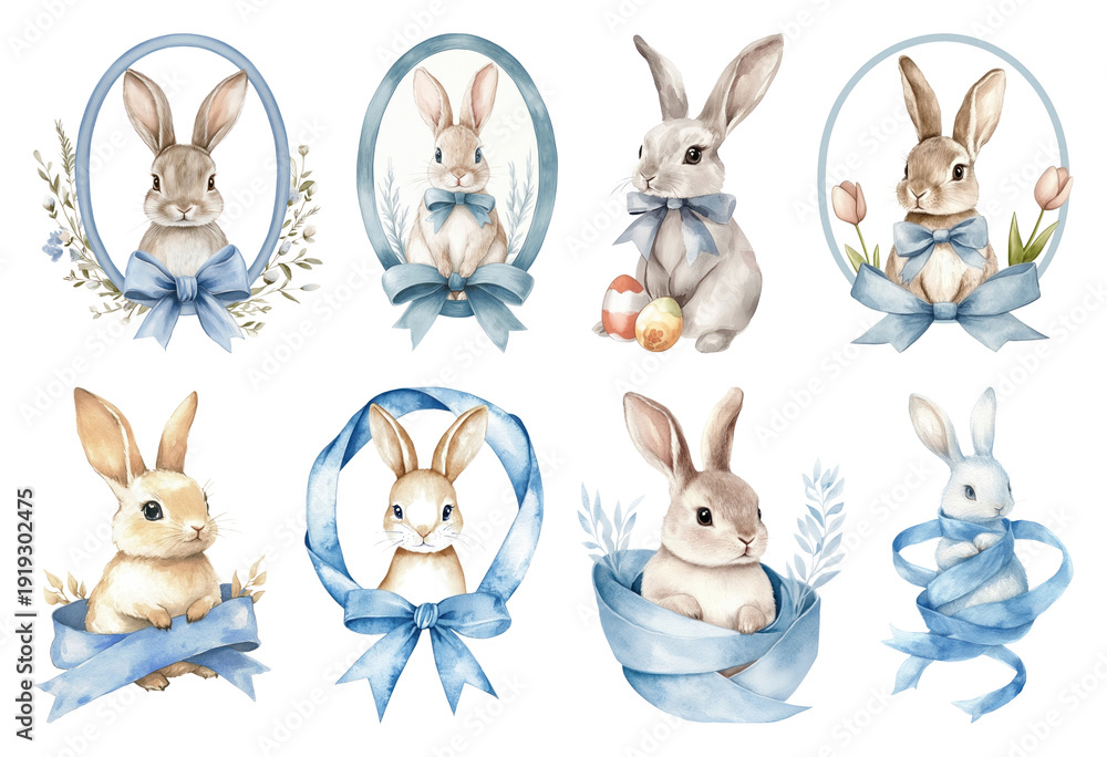 Fototapeta premium PNG Charming watercolor rabbits with ribbons, element set on transparent background