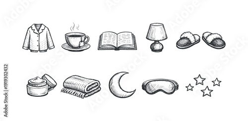 Nighttime routine silhouette icon set: sleep, relaxation, bedtime essentials