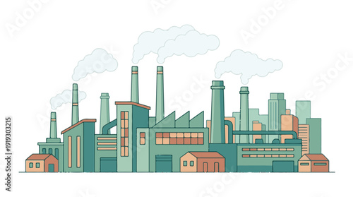 Industrial factory complex emitting smoke in flat vector illustration