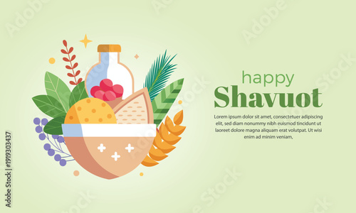 A vibrant illustration celebrating happy shavuot with traditional dairy foods and harvest elements on a light green background