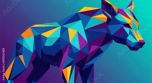 Vibrant geometric donkey illustration with colorful polygonal shapes on gradient background