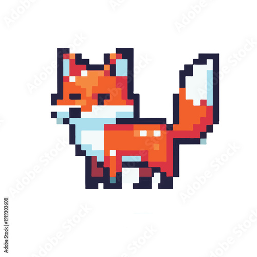 Adorable pixel art illustration of a cute fox with a bushy tail, rendered in vibrant orange, white, and black colors, perfect for digital game assets or charming graphic design