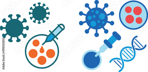 Medical Virus and Vaccine Research Illustration with DNA Helix, Syringe Injection, Petri Dish Laboratory Testing, Biotechnology Healthcare and Pandemic Infection Prevention Concept