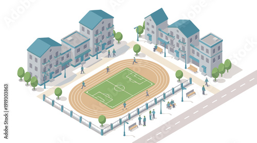 Isometric urban scene with sports complex, apartment buildings and people