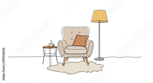Vintage armchair with floor lamp and side table illustration.