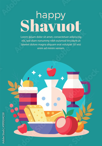 Happy shavuot holiday greeting illustration featuring an array of traditional dairy foods and fresh fruits