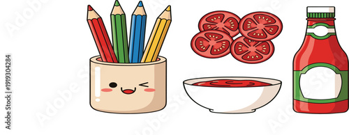 Cute Pencil Holder with Colored Pencils, Tomato Slices, Sauce Bowl and Ketchup Bottle Vector Illustration Isolated on White Background