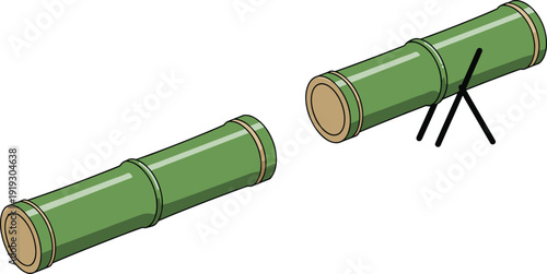 Green bamboo telescope illustration, traditional spyglass design, vintage optical instrument, minimalist cartoon style, isolated nature-inspired viewing device, simple line art equipment graphic