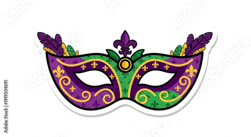A colorful Mardi Gras mask with purple, green, and gold details