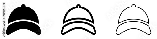 Set of baseball cap icons in three styles: solid black silhouette, bold outline, and thin outline. Minimalist vector illustration of headwear.